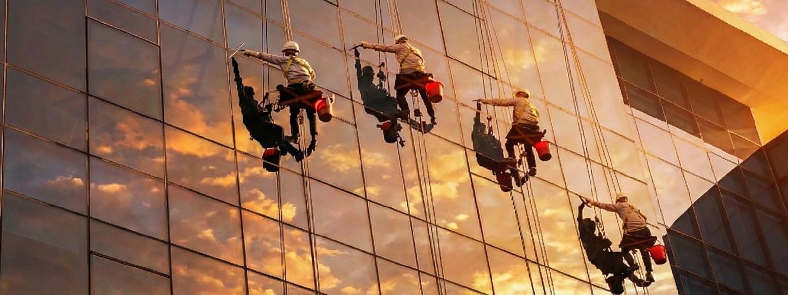 Tổ vệ sinh của Tina Services đu dây làm sạch mặt kính toà nhà lúc hoàng hôn
